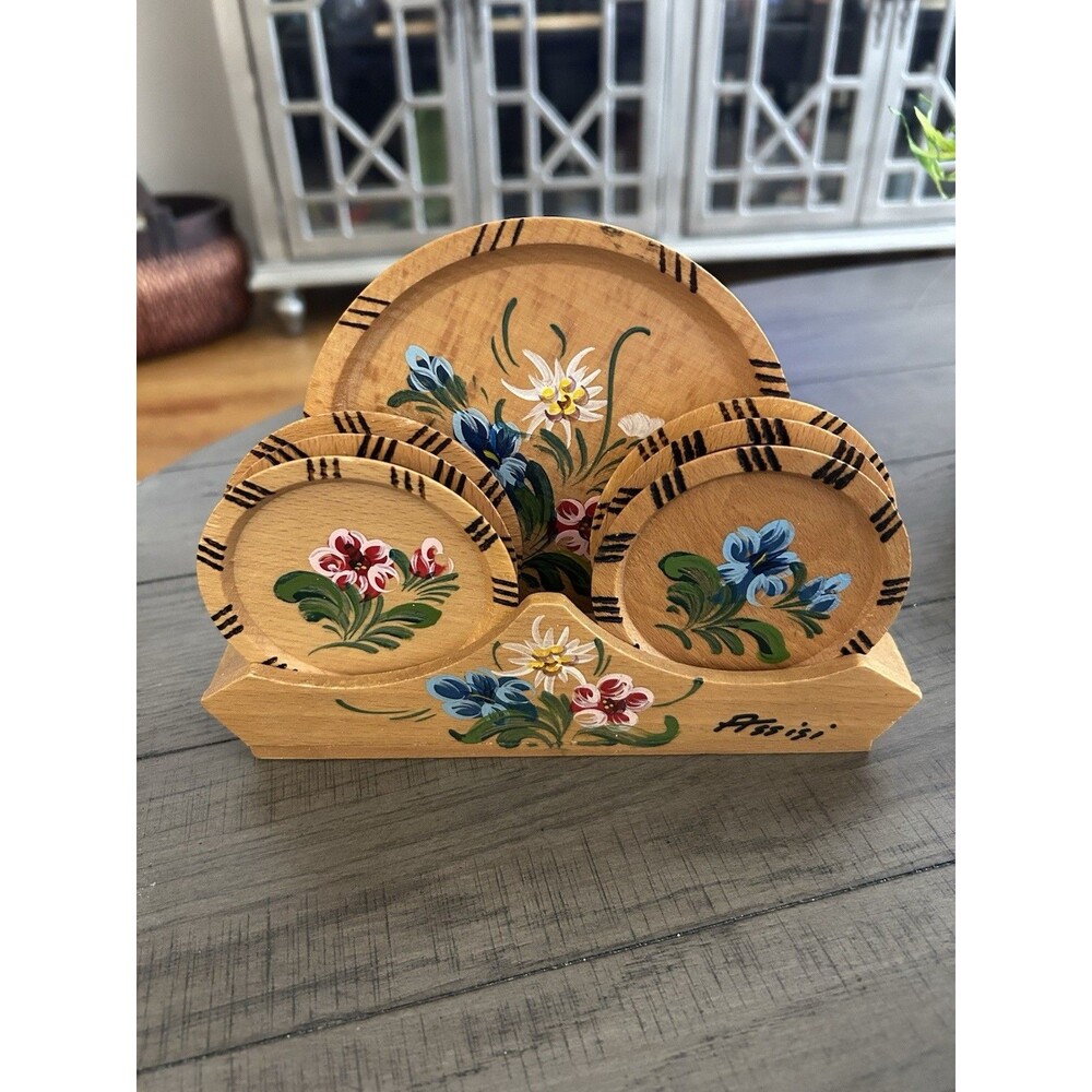 Hand Painted Wood Plate Set With Stand From Madeira, Portugal